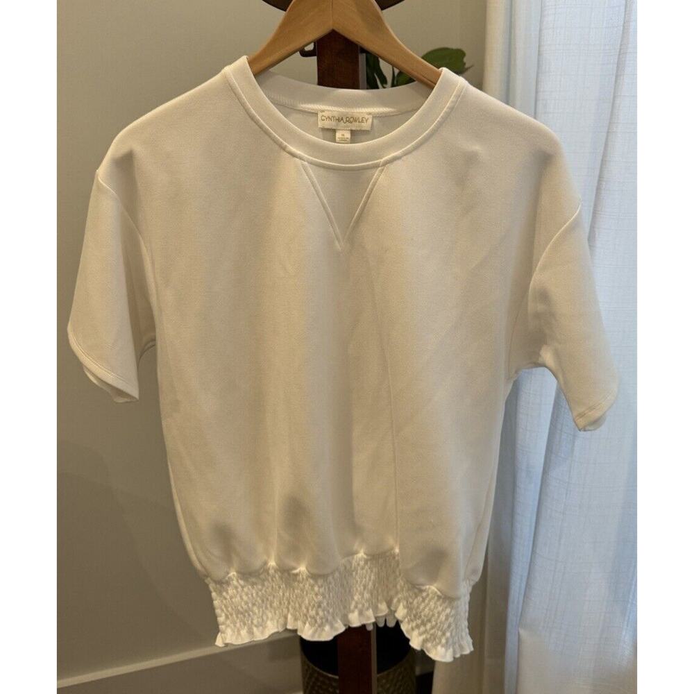 Cynthia Rowley White Banded, Smocked, Short Sleeve Top Size Small
